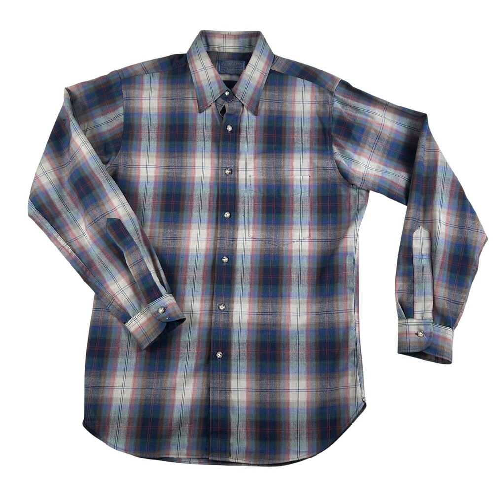 Vintage Pendleton Shirt Mens Medium Plaid Long Sleeve Wool Made USA 80s Flaws